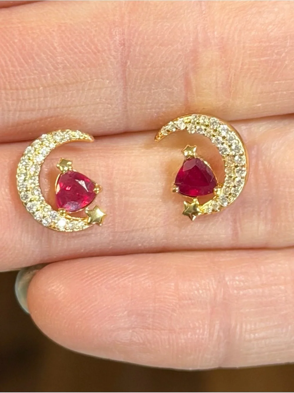Mystical Waning Crescent Moon Natural .50CT Ruby Stud Earring 18K Yellow Gold
